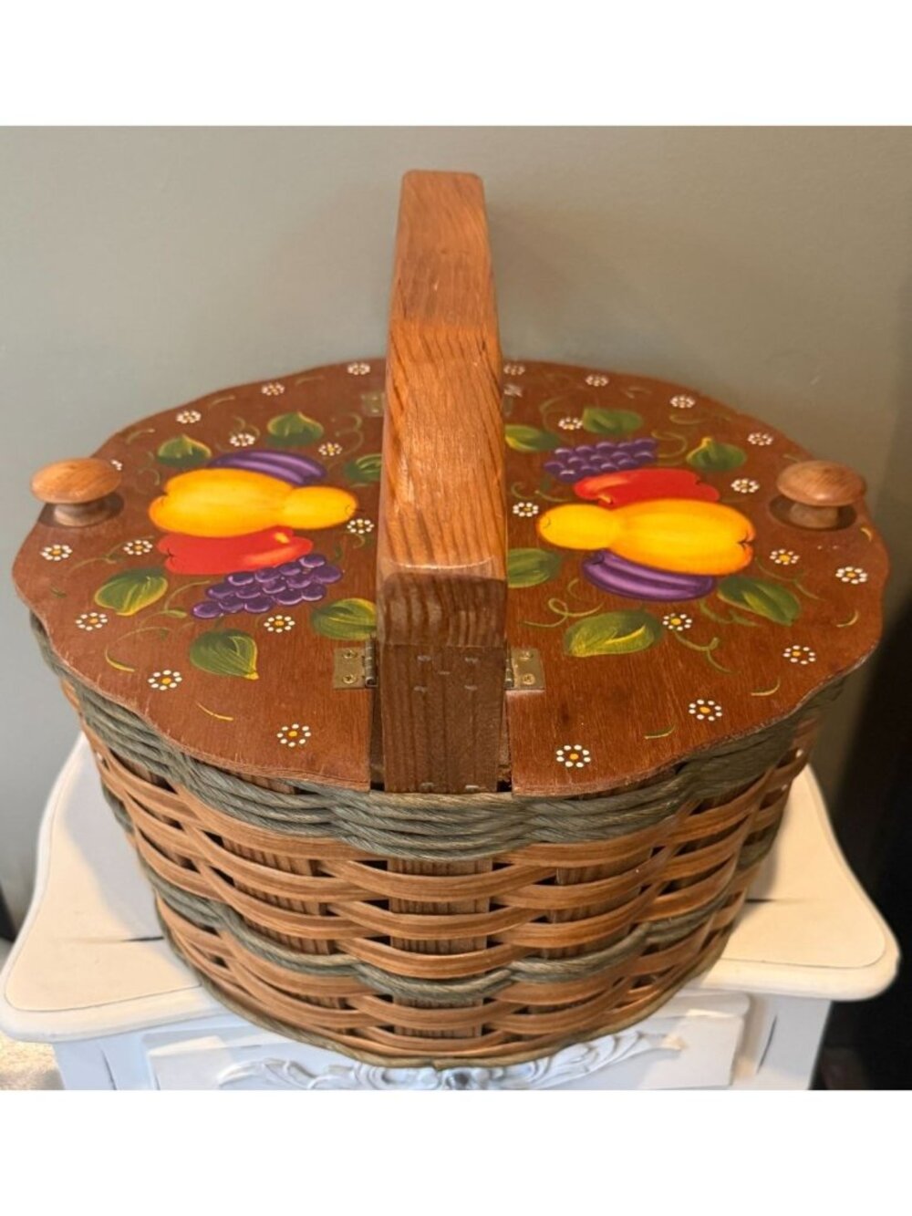 Vintage Hand Painted Wicker Sewing Basket Country Cottage Decor